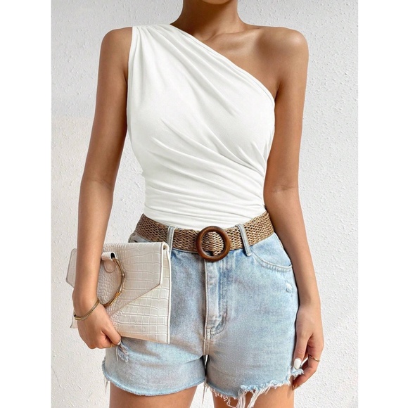 White Ruched Asymmetrical Slim Fit One Shoulder Top - Picture 6 of 9